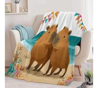 Couverture Flanelle Capybara Fleur Plage Légère Confortable et Respirante 180 x 220 cm, Couverture canapé et Voyage Style Cartoon pour Chambre à Coucher Salon canapé