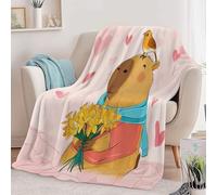 Couverture Flanelle Imprimée Animal Capybara Fleur Cœur, Ultra Douce légère Chaude Couverture Style Cartoon Anti-Boulochage Toutes Saisons pour Voyager Lit ou Canapé 100 x 130 cm