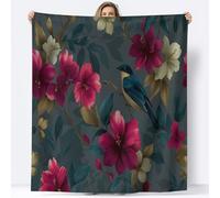 Couverture Flanelle Imprimée Oiseaux Fleurs Feuilles de Palmier Douce 100 x 130 cm, Couverture de Lit Fleurs Vintage Hiver Exotique Douce Épais Chaud pour Adultes et Enfants