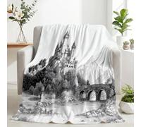 Couverture Flanelle Peinture Lavis Encre 220 x 240 cm Couverture de Lit | Château Pont Pierre Rivière Douce Moelleuse Flanelle Plaid Polaire Jeté de Canapé Convient Adultes et Enfants Chaud en Hiver