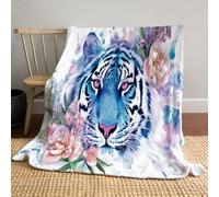 Couverture Fleurs de Tigre - Douillette, Chaude, Moelleuse - en Flanelle Douce - Décoration de Animaux à l'aquarelle avec Impression numérique HD - Jolie Couverture pour canapé, lit - Bleu