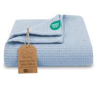 Couverture gaufrée bébé Coton 100x150 cm - Plaid nid d’Abeille Doux Couverture légère Tissu Waffle Respirant Drap Enfant Lange d’emmaillotage Linge de lit Nouveau-né Certificat Oeko-Tex Bleu Ciel
