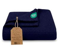 Couverture gaufrée bébé Coton 75x100 cm - Plaid nid d’Abeille Doux Couverture légère Tissu Waffle Respirant Drap Enfant Lange d’emmaillotage Linge de lit Nouveau-né Certificat Oeko-Tex Bleu Marine