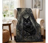 Couverture gothique chat rose portrait 127 x 152,4 cm | Cadre floral gothique, couverture en flanelle, portrait artistique ambiant, détails botaniques élégants