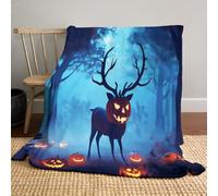 Couverture Halloween 130 x 150cm - Super Douce et Moelleuse - Art Fantastique Cerf Citrouille - Plaid Halloween - Décoration Halloween, Bleu