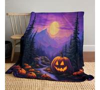 Couverture Halloween 150 x 200cm - Super Douce et Moelleuse - Art Fantastique Paysage d'automne à la Citrouille - Plaid Halloween - Décoration Halloween, Violet