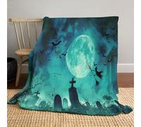 Couverture Halloween 150 x 200cm - Super Douce et Moelleuse - thème d'horreur Pierre tombale de sorcière - Plaid Halloween - Décoration Halloween, Bleu-Vert