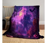Couverture Halloween 220 x 240cm, Douce et Moelleuse Art Fantastique Château de la Pleine Lune des Chauves-Souris Flanelle Plaid, pour canapé