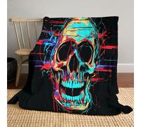 Couverture Halloween 220 x 240cm - Super Douce et Moelleuse - Glitch Art Crâne en Mouvement - Plaid Halloween - Décoration Halloween, Vert Fluo