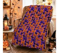 Couverture Halloween citrouilles chauve-souris 101,6 x 152,4 cm | Toile de fond rayée verticale, couverture en flanelle, motifs Jack O lanterne, créatures nocturnes effrayantes