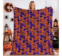 Couverture Halloween citrouilles chauve-souris 152,4 x 203,2 cm | Toile de fond rayée verticale, couverture en flanelle, motifs Jack O lanterne, créatures nocturnes effrayantes