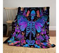 Couverture Halloween en Flanelle légère pour Chambre à Coucher/Salon, Art psychédélique Fleur de crâne, jeté de lit/canapé, Bleu-Violet