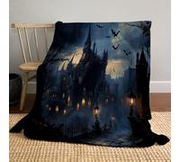 Couverture Halloween en Flanelle légère pour Chambre à Coucher/Salon, l'art Gothique Château étrange, jeté de lit/canapé, Noir