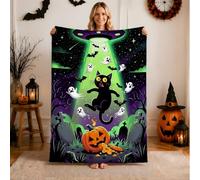 Couverture Halloween Motif Vaisseau spatial Enlèvement de chat 101,6 x 127 | Thème enlèvement de vaisseau spatial, couverture en flanelle, motif fantôme ludique, toile de fond nuit étoilée