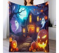Couverture Halloween220 x 240cm - Super Douce et Moelleuse - Citrouilles et fantômes - Plaid Halloween - Décoration Halloween, Bleu Orange
