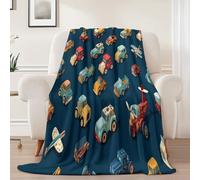 Couverture Impression Dessins Animés Camions Avions Douce Flanelle Polaire, 150 x 200 cm Couverture Plaid pour Lit Chaise Voiture Chambre d'enfant Coucher TV Canapé, Bleu Foncé