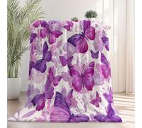 Couverture imprimée Aquarelle Élégant Papillon Fleurs, Couverture en Flanelle Violet Plaid Doux Chaude Léger pour Canapé Lit Voyage Plaid Décorative pour Enfants Garçons Filles 180×200 cm