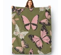 Couverture imprimée de Illustrations Au Trait De Papillons Et D'Insectes, Douce Confortable Vert Olive Flanelle Couverture, pour lit Chaise canapé Chaude, pour la Maison Le Bureau 140 x 180 cm