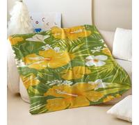 Couverture imprimée plante tropicale hibiscus jaune - Couverture en flanelle confortable pour chambre à coucher et salon (01,75 x 100 cm)