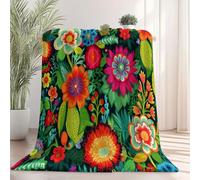 Couverture Jeté Polaire en Flanelle Vert foncé, Plaid Doux et Moelleux, 7D Imprimé Style Art Populaire Feuilles Fleurs, Idéal pour Lit, Canapé ou Voyage, 180×200 cm