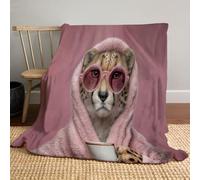 Couverture Le léopard Qui boit du café - Douillette, Chaude, Moelleuse - en Flanelle Douce - Décoration de Animaux intéressants avec Impression numérique HD - Jolie Couverture pour canapé, lit - Rose