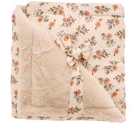 Couverture Luxe fausse fourrure angora beige et gaze fleurs (70x100 cm)