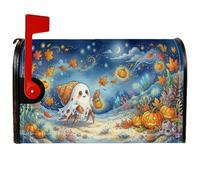 Couverture magnétique pour boîte aux lettres fantôme ermite crabe Halloween | Hermite Crabe Ghost, couvercle de boîte aux lettres, feuilles d'automne, jack-o-lanternes, paysage de sol océan