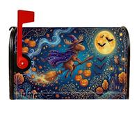 Couverture magnétique pour boîte aux lettres sur le thème d'Halloween 45,7 | Illustration d'orignal magicien, couverture de boîte aux lettres, bâton de balai volant, fond de pleine lune