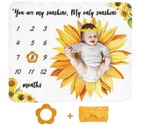 Couverture mensuelle pour bébé fille - Couverture pour nouveau-né motif tournesol, cadeau de douche personnalisé, décoration florale pour chambre d'enfant, fond de photographie avec cadre et bandeau Taille L 120,6 x 101,6 cm