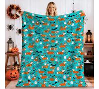 Couverture motif teckel Halloween 152,4 x 203,2 cm | Icônes fantômes effrayants, couverture en flanelle, motifs jack-o-lanterne, amateurs de chiens, accents saisonniers pour la