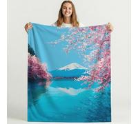 Couverture Nature Paysage Fleur de cerisier Montagne enneigée Couverture en Flanelle Douce Chaude 150cm x 180cm, Polyvalente Plaid Doux Chaud et Confortable pour Chambre Canapé Voyage Rose Bleu
