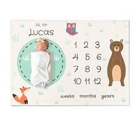 Couverture Personnalisé Étape Bébé avec nom et Ours | Animaux de la forêt | Couverture Photo Mensuelle | Cadeau pour Naissance & Babyshower