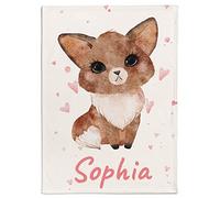 Couverture personnalisée pour bébé avec motif de renard et petits cœurs, nom et couleur du motif au choix