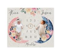 Couverture personnalisée pour jumeaux avec nom, couverture de croissance mensuelle bohème pour bébé, cadeau pour nouveau-né, fleur rose, couverture de croissance pour bébé fille minky