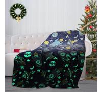 Couverture phosphorescente motif vaisseau spatial, 140 x 130 cm, couverture polaire en flanelle douce pour toutes les saisons avec joli motif pour Noël, cadeau pour enfants (espace bleu)