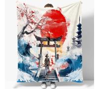 Couverture Plaid 180 x 200 cm Style Japonais - Soleil Rouge, Porte Torii, Samouraï - Polaire 3D Douce et Chaude - Jeté de Canapé en Flanelle - Pour Lit, Bébé, Sieste