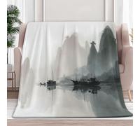 Couverture Plaid Flanelle Peinture Paysage Chinoise Élégante, Gris 3D Imprimé Couverture Polaire Epaisse Microfibre Moelleuse Chaudes Légères Plaid Polaire pour Voyager Enfants, 130 x 150 cm