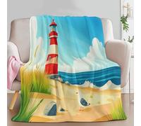 Couverture Plaid Flanelle Phare De Dessin Animé Mer, Bleu 3D Imprimé Couverture Polaire Epaisse Microfibre Moelleuse Chaudes Légères Plaid Polaire pour Voyager Adultes et Enfants, 220 x 240 cm