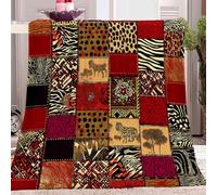 Couverture Plaid Style Ethnique Africain Rayures Patchwork Rouge Plaid Polaire, Couverture et Plaid Canapé Grande Taille en Flanelle Douce et Chaude, Confortable pour Enfants et Adultes, 130x150 cm