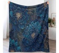 Couverture Polaire 150 x 200 cm, Floral Feuilles Lignes Plaid Couvertures | Luxe Vintage Imprimé Moelleuse Chaudes Légères Couvertures pour Voyager Nap ou Canapé, Bleu Or Couverture quatre saisons