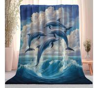 Couverture Polaire 220 x 240 cm, Douce Moelleuse Impressionnisme Dauphins Vagues Imprimé Flanelle Respirant Bleu Blanc Couverture - Jeté de Canapé pour Salon et Chambre