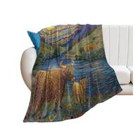 Couverture Polaire Abstract Colorful Animal Cow Full Moon Rustic Monet Style Spring Landscape Plaid Canape Légère Plaid Polaire Confort Couverture en Peluche pour Canapé Cadeau Camping S