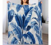 Couverture Polaire Bleu Blanc Feuilles De Bananier Rayées 3D Plantes Naturelles Douce Chaude Microfibre Ete Hiver Flanelle 220X240Cm Pour Jeté De Canapé,Dessus De Lit Pour Enfant Fille Garcon