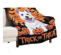 Couverture Polaire Chien Terrier Blanc Citrouille Halloween Farce Ou Friandise Couverture en Flanelle Douce Confortable Jeté De Canapé, pour Salon, Chambre À Coucher, Adulte, 100x125cm