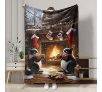 Couverture polaire confortable pour l'hiver, motif raton laveur, noir et blanc, couverture décorative pour la saison des vacances, couverture douce et chaude pour la maison, la cheminée, utilisation