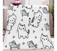 Couverture Polaire Couleur Claire Plaid Couverture Lit Douillette, Ligne D'Animal De Dessin Animé Chat Poisson Plaid Canapéen Flanelle Chaude, Couverture Foulard pour Toutes Les Saisons 100x130 cm