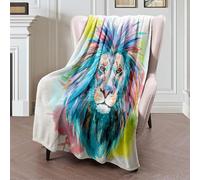 Couverture Polaire Cute Watercolor Print Head Africa Drawing Lion Painting Dangerous Colorful Animals Wildlife Nature Couverture en Peluche Luxueuse Plaid Polaire Plaid Canape pour Canapé M