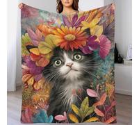 Couverture polaire de Noël avec motif floral et chat fantastique, facile d'entretien et personnalisable avec photos pour un pique-nique, pour femme, mari ou petit ami, 180 x 200 cm (70 x 80 pouces)