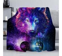 Couverture polaire douce, confortable, chaude et pelucheuse en flanelle, motif galaxie, loup, violet, planète bleue, pour canapé, lit, salon, 203 x 152 cm