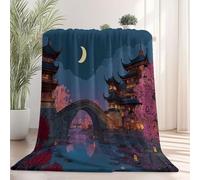 Couverture Polaire Douillette Fantastique Oriental Maisons Pont - Ultra Douce et Chaude Bleu Flanelle Fourrure pour Canapé Lit, Léger et Confortable pour Adultes 150 x 200 cm